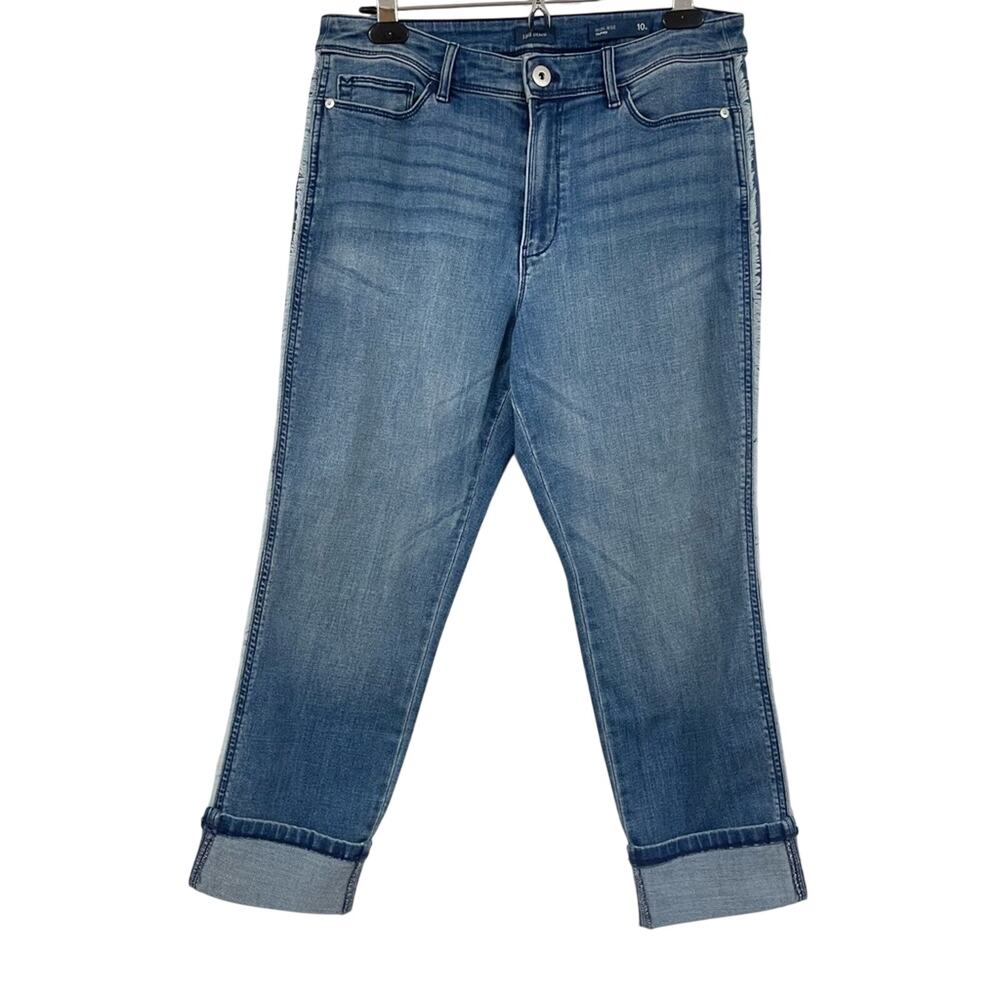 J Jill High Rise Cropped Straight Leg Jeans Women 10P Fringe Stripes Blue Casual